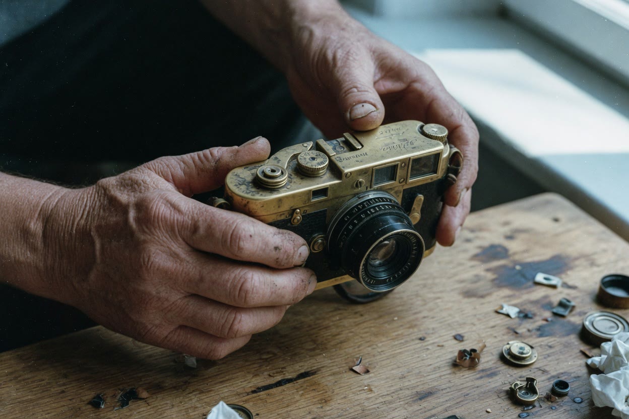 Hands holding a brass rangefinder camera on a wooden table