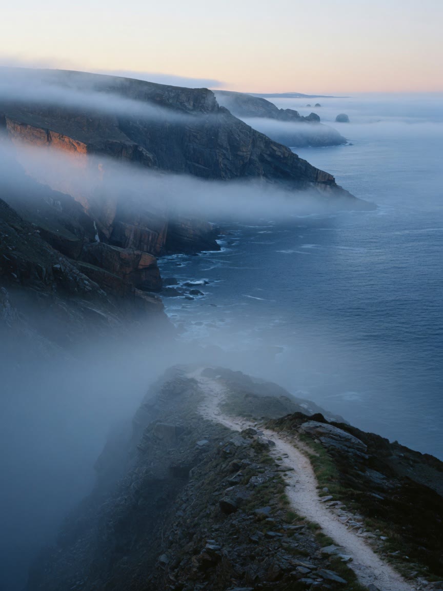 Mist over coastal cliffs at dawn, a narrow path along the edge