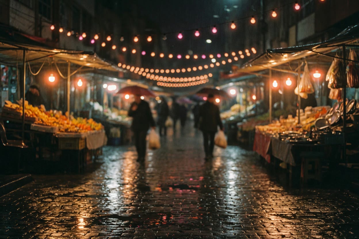 Rain-wet night market street with warm stall lights