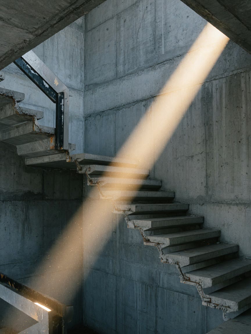 Sunlight cutting across a brutalist concrete stairwell