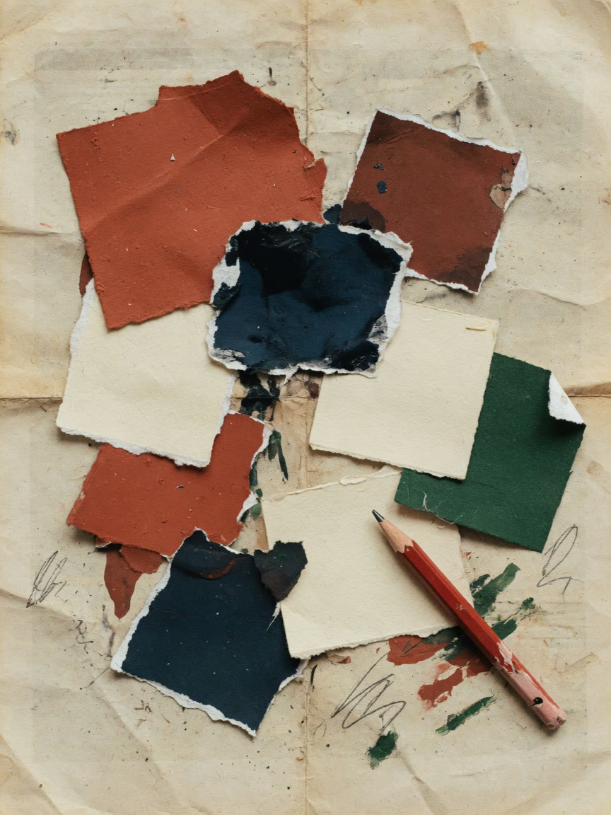Torn paper color swatches in terracotta, ink, cream, and forest green