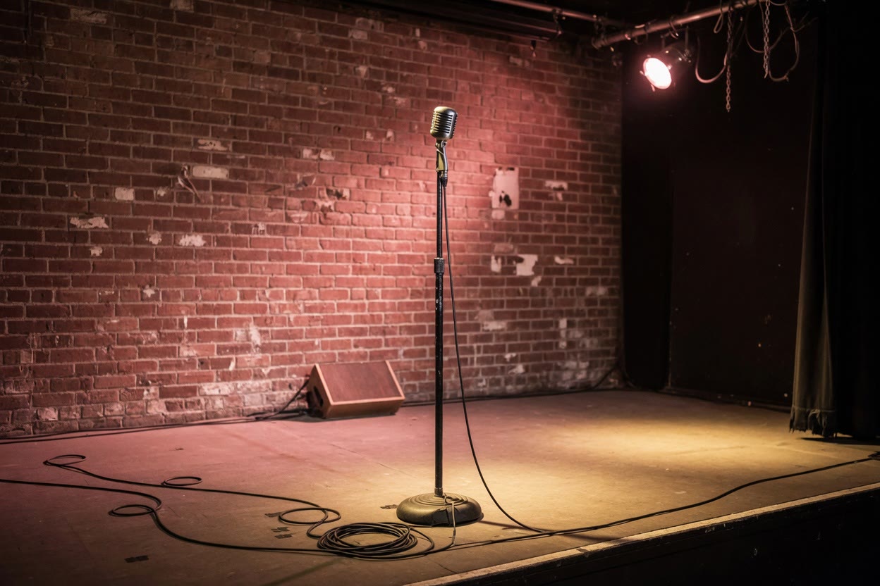 Empty small venue stage with a single microphone
