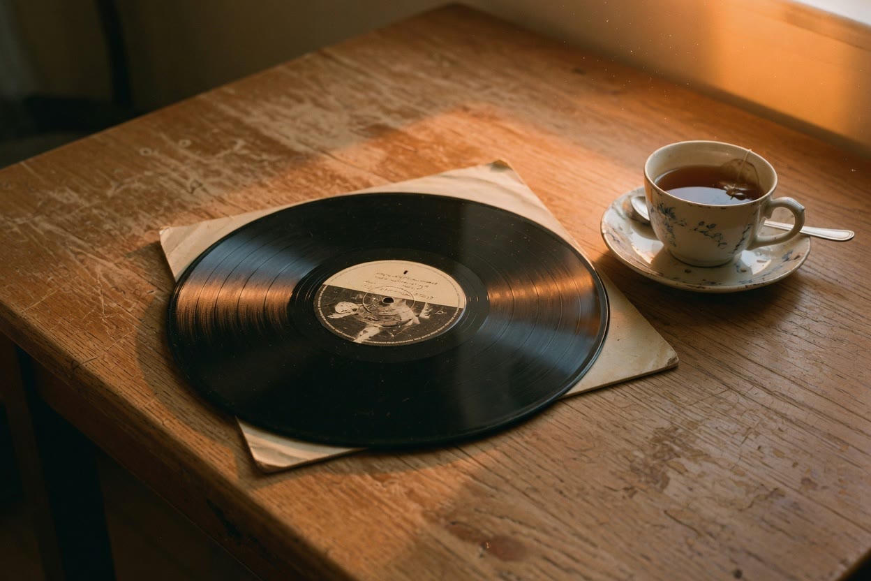 A vinyl record on a wooden table in afternoon light