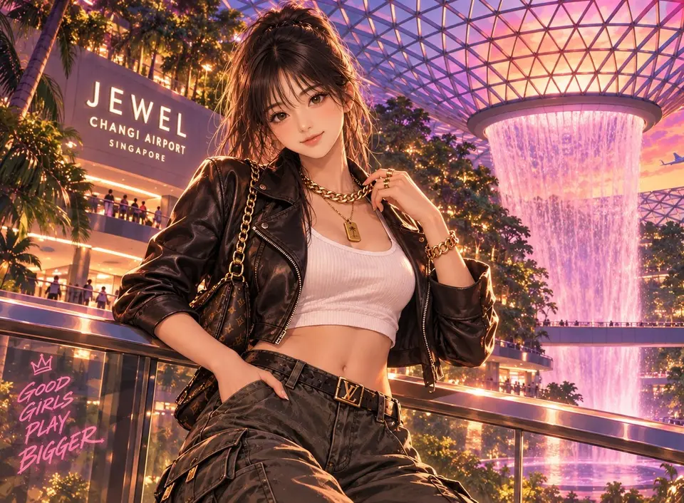 Illustrated woman in front of the indoor waterfall at Jewel Changi