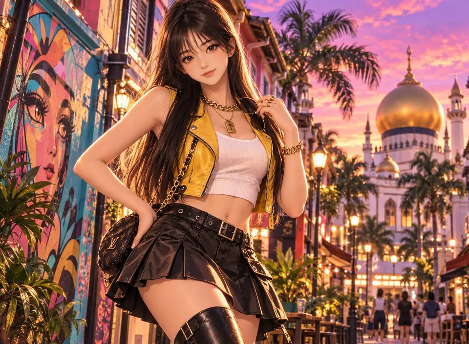 Illustrated woman on a neon street at dusk, a golden dome and palm trees behind her